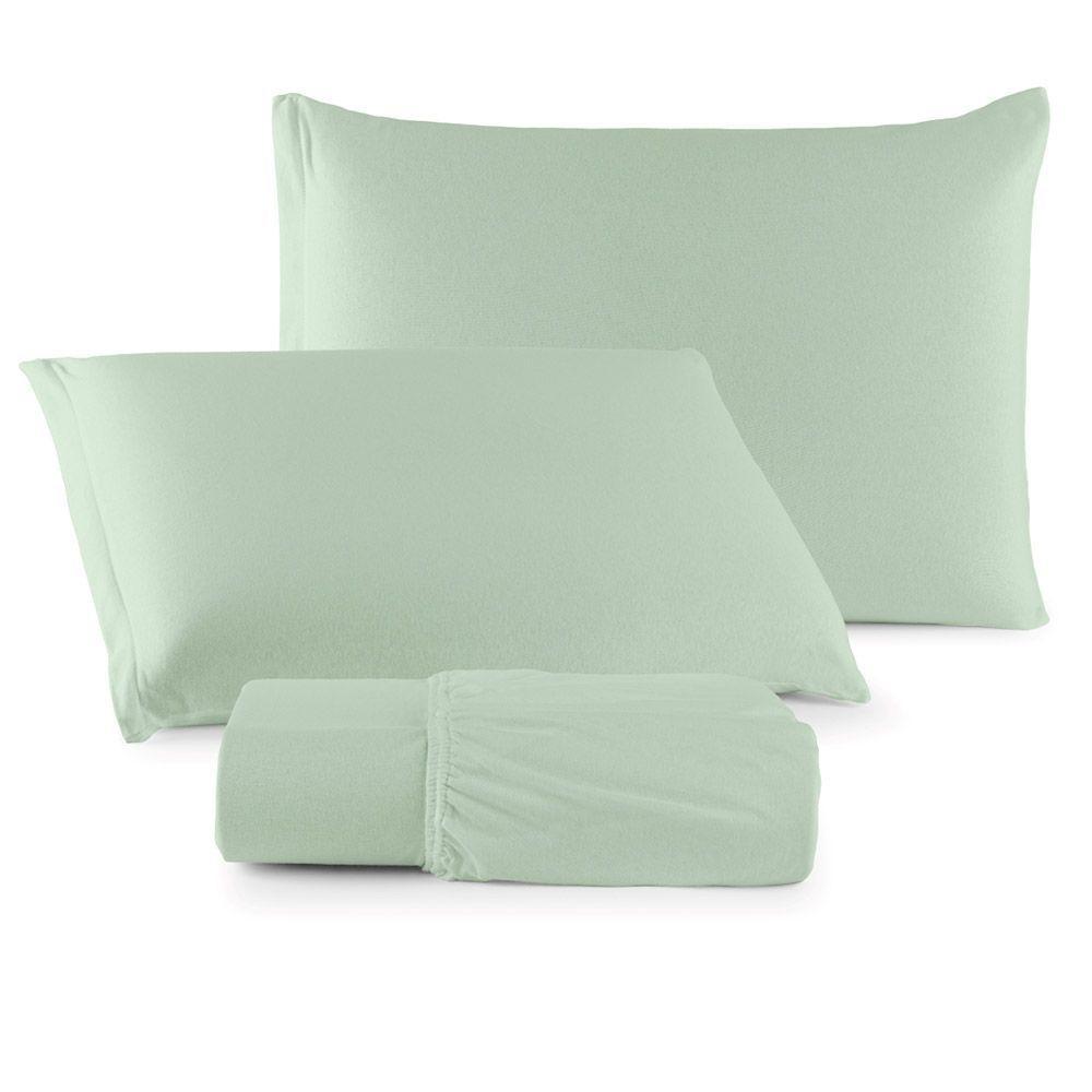 Jogo De Lençol Minimal Casal 3 Peças Malha 100% Algodão Liso Verde - 1