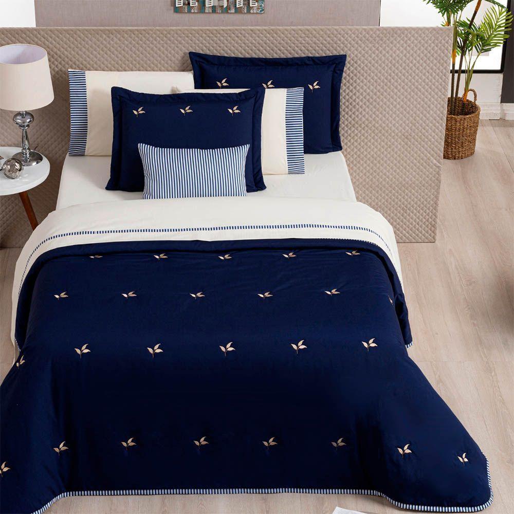 Kit Cobre Leito Colcha Queen Plisse 5 Peças 200 Fios Bordado Azul 100% Poliéster - 1