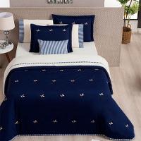 Kit Cobre Leito Colcha Queen Plisse 5 Peças 200 Fios Bordado Azul 100% Poliéster - 1