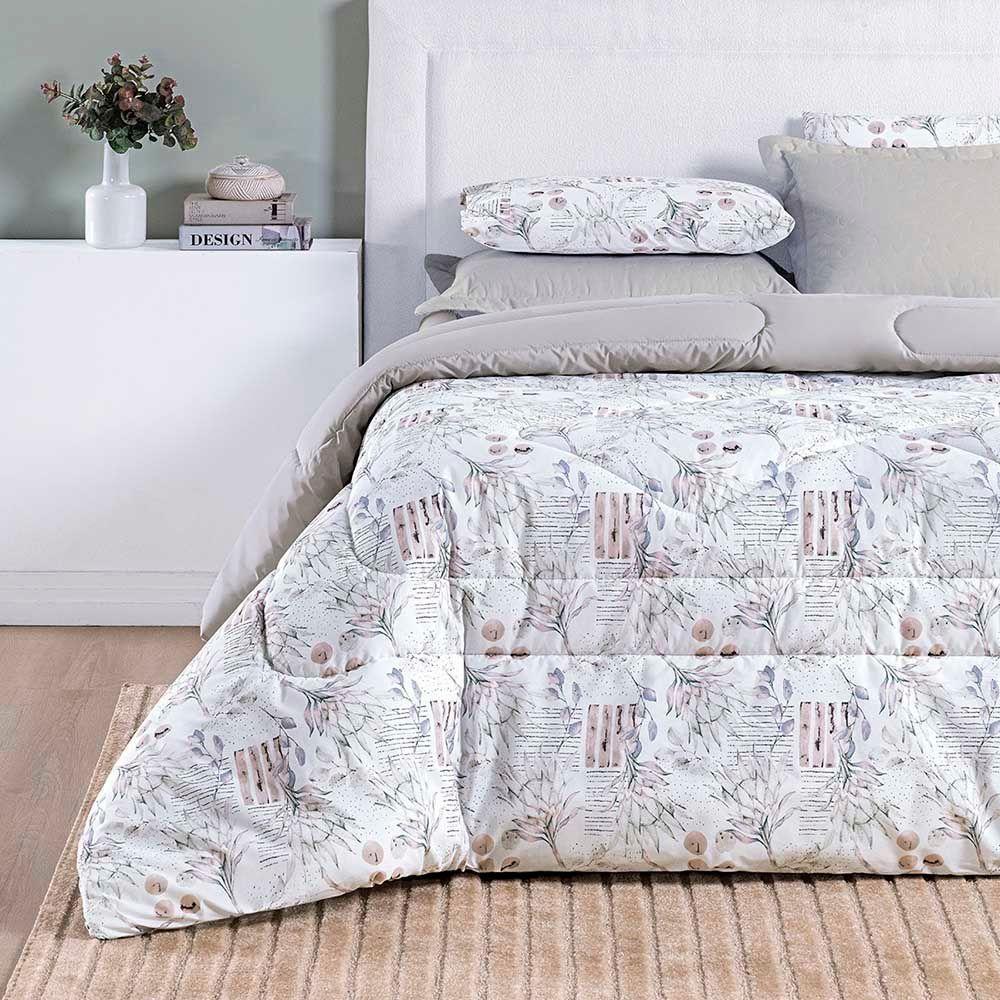 Edredom Maggy Dupla Face Queen 1 Peça Percale 200 Fios Estampado Protea Cinza Floral 80% Algodão - 20% Poliéster - 3