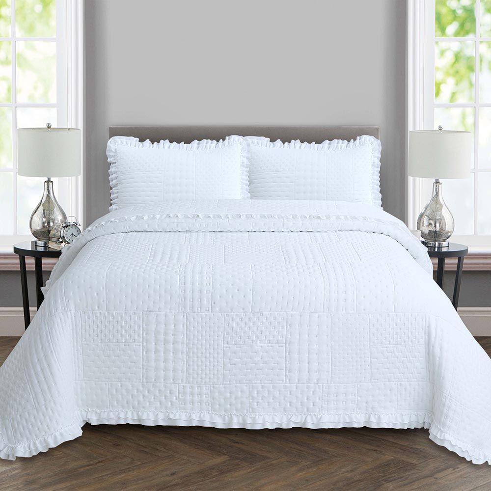 Kit Cobre Leito Colcha Allegra Queen 3 Peças Percal 300 Fios C- Babado Branco 100% Poliéster - 1