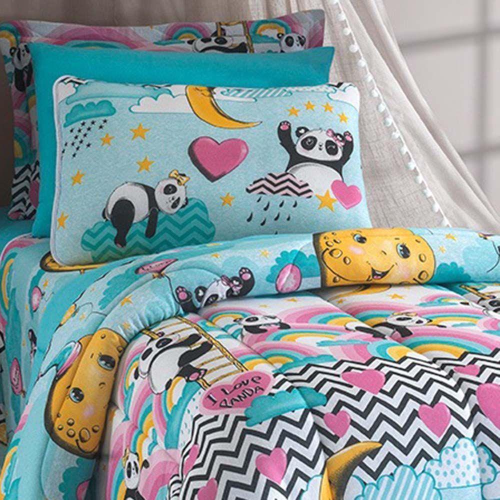 Kit Edredom Alegria Dupla Face Solteiro 2 Peças Malha Estampada 100% Algodão Panda Love - 3