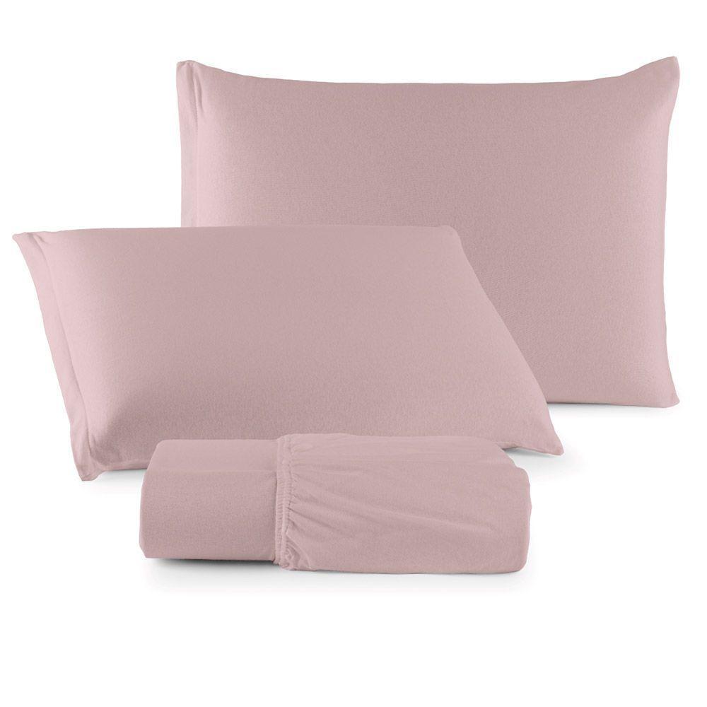 Jogo De Lençol Minimal Casal 3 Peças Malha 100% Algodão Liso Rose - 1