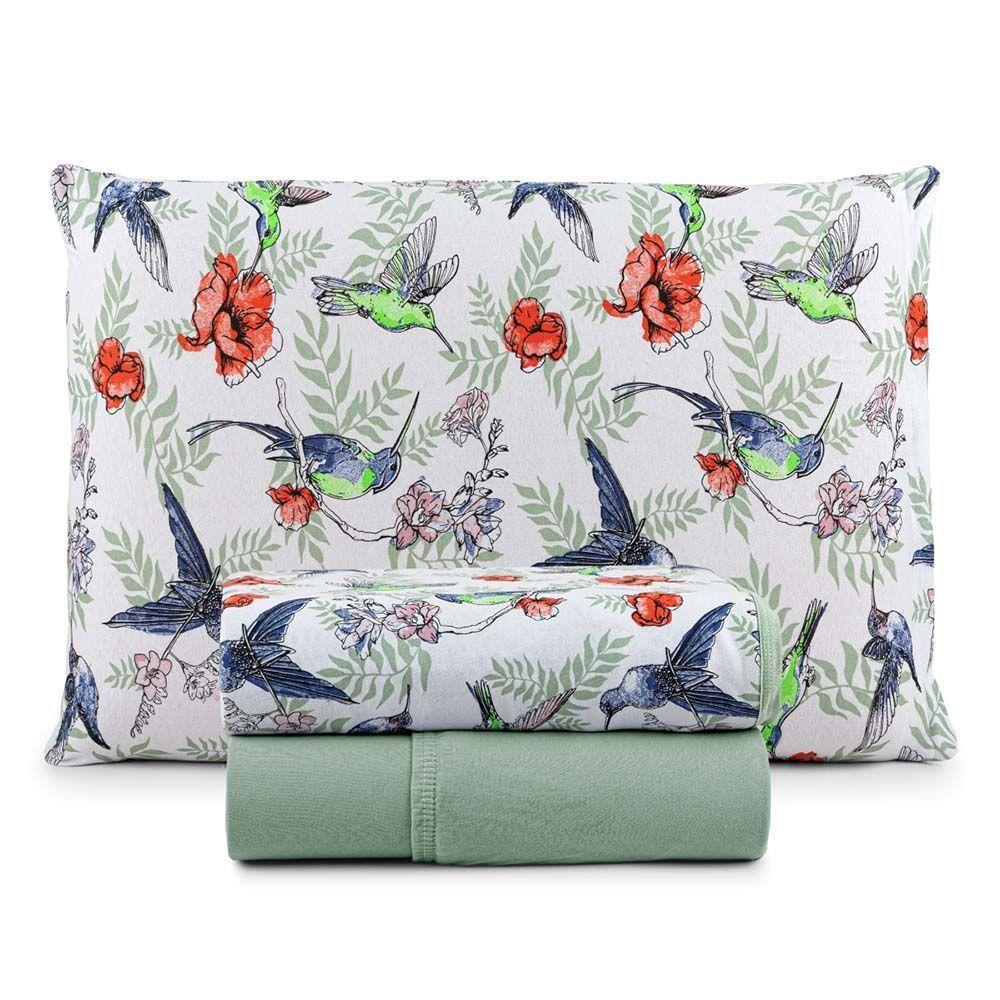 Jogo De Lençol Luar Solteiro 3 Peças Malha 100% Algodão Estampado Verde Birds - 1