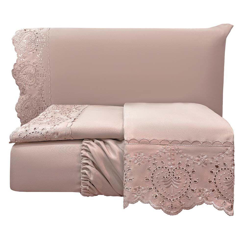 Jogo De Cama Lençol Bella Queen 4 Peças Micropercal 300 Fios Bordado Inglês Macio Rosê 100% Poliéster - 3
