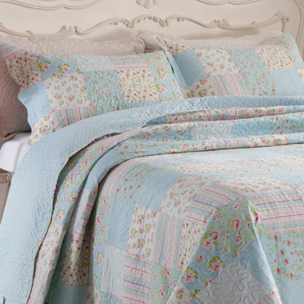 Kit Cobre Leito Colcha Daily Casal 3 Peças Dupla Face Estampado Floral Patchwork Azul 10 100% Poliéster - 2