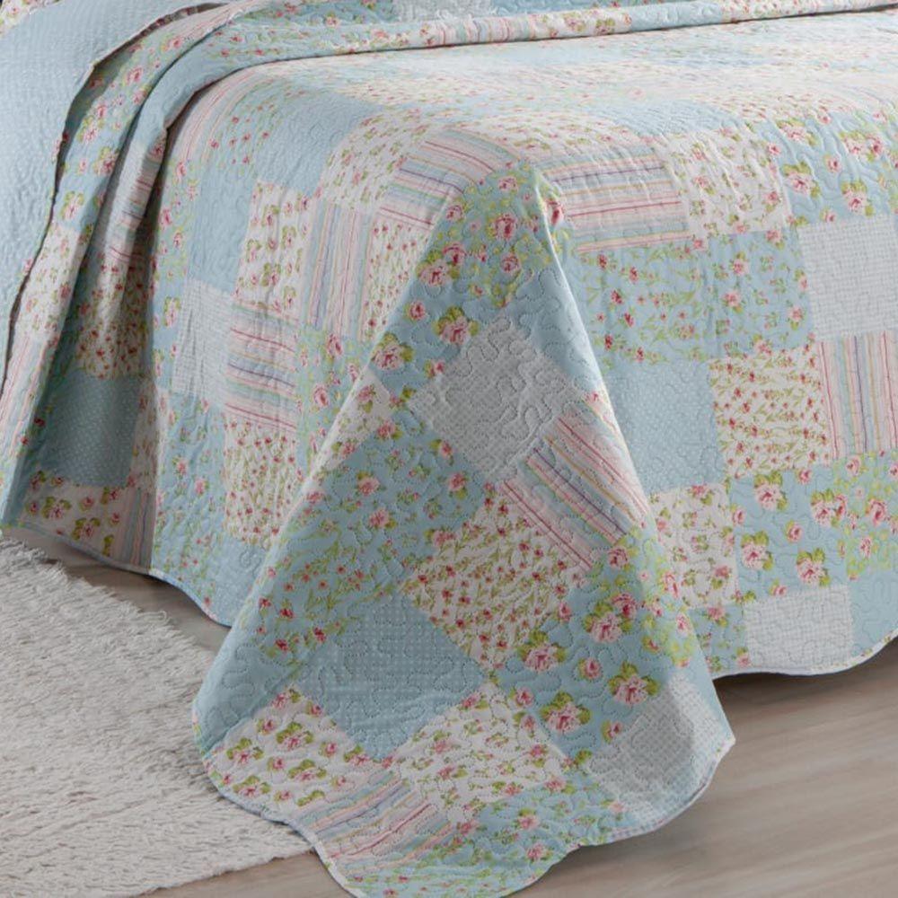 Kit Cobre Leito Colcha Daily Casal 3 Peças Dupla Face Estampado Floral Patchwork Azul 10 100% Poliéster - 3