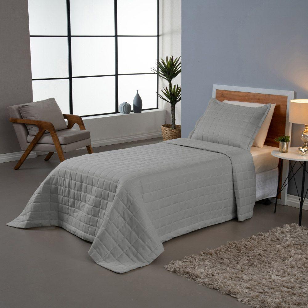 Kit Cobre Leito Colcha Dual Solteiro 2 Peças Matelado Dupla Face Liso Cinza 100% Poliéster - 1
