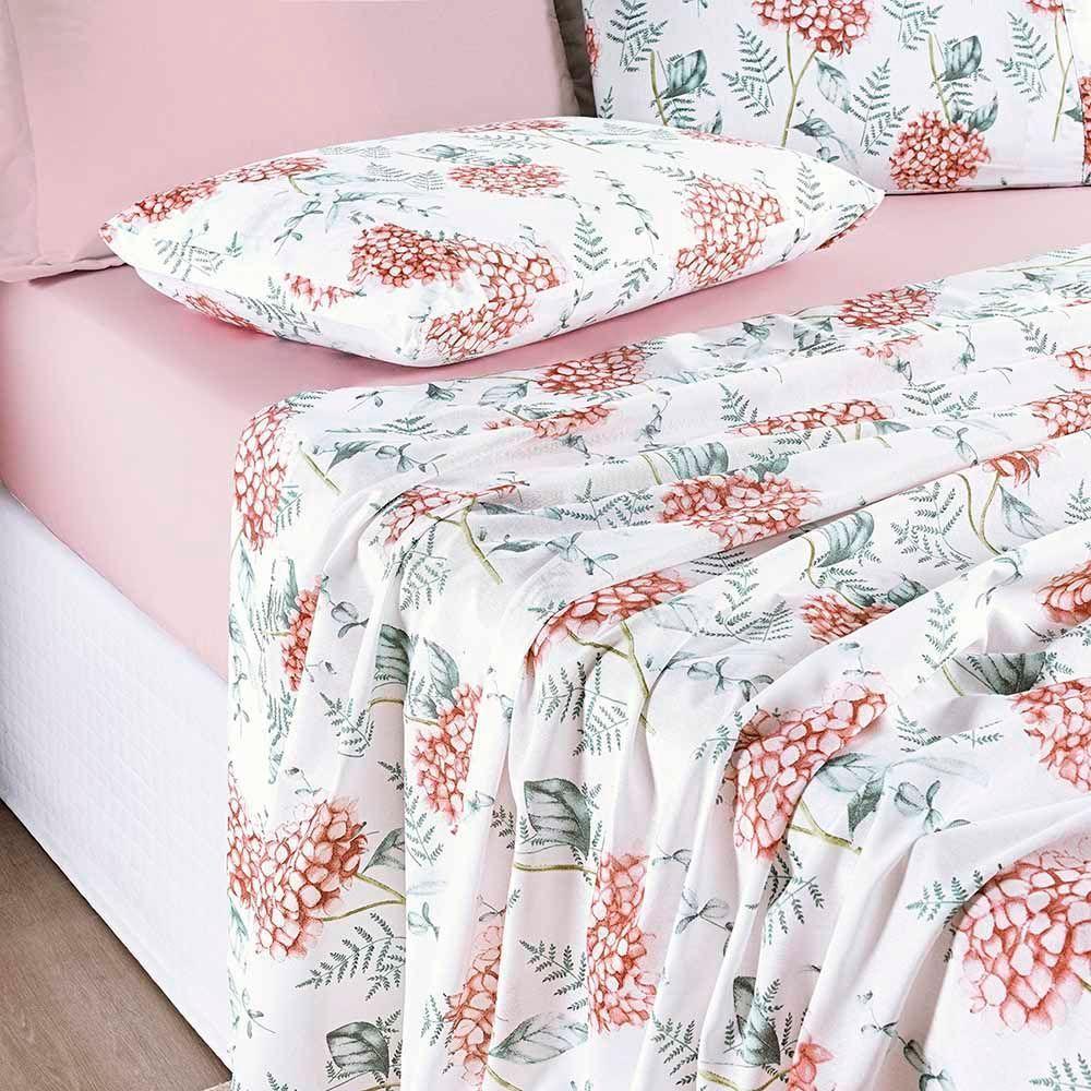 Jogo De Cama Lençol Maggy King 4 Peças Percale 200 Fios Estampado Hortencia Floral Rosa 80% Algodão - 20% Poliéster - 1