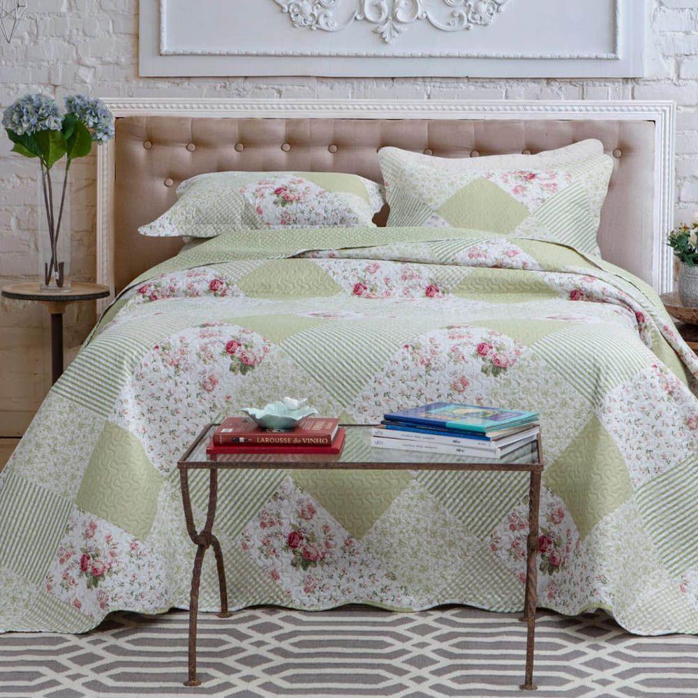 Kit Cobre Leito Colcha Daily Queen 3 Peças Dupla Face Estampado Floral Patchwork Verde 8 100% Poliéster - 1