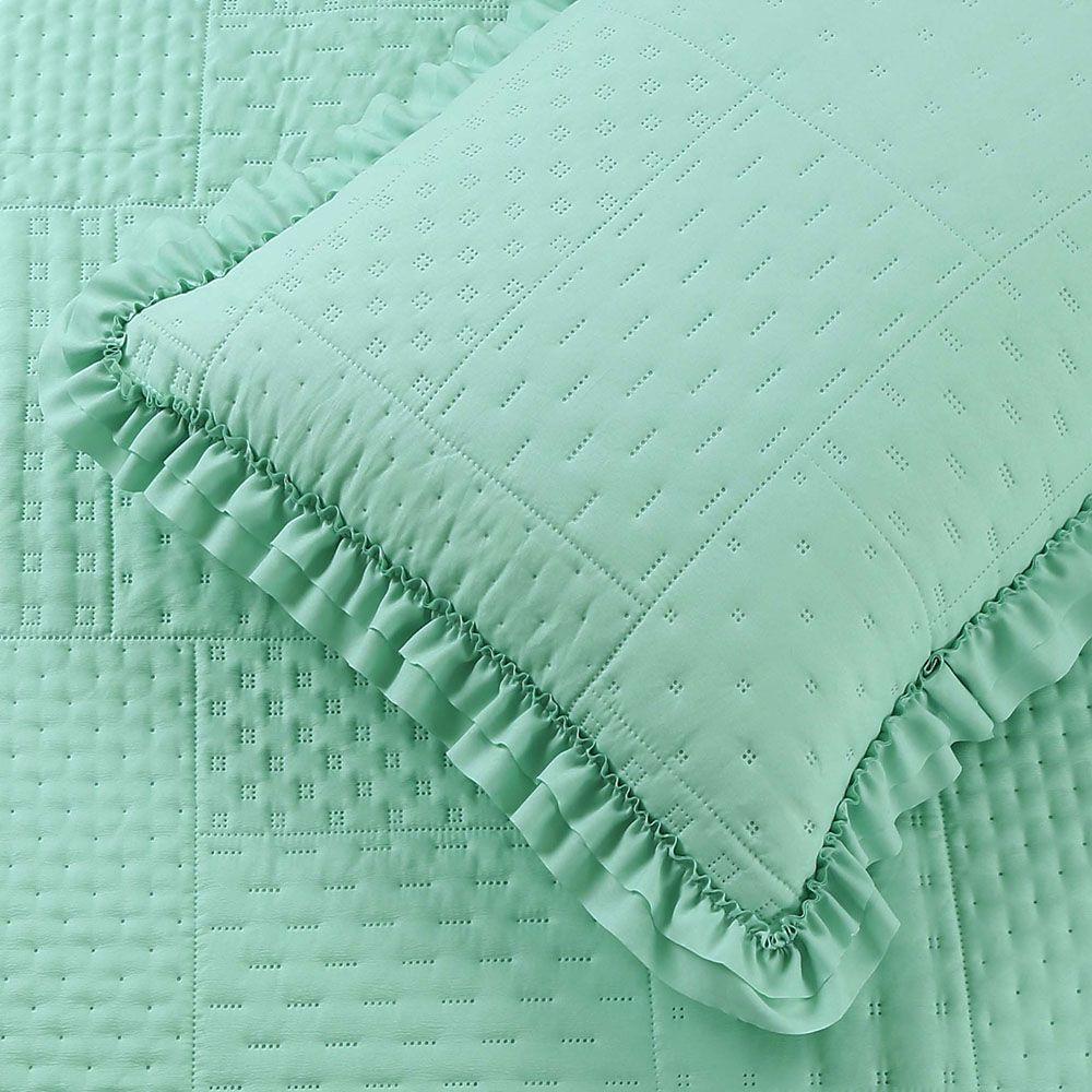 Kit Cobre Leito Colcha Allegra King 3 Peças Percal 300 Fios C- Babado Verde Tiffany 100% Poliéster - 3