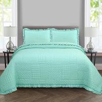 Kit Cobre Leito Colcha Allegra King 3 Peças Percal 300 Fios C- Babado Verde Tiffany 100% Poliéster - 1