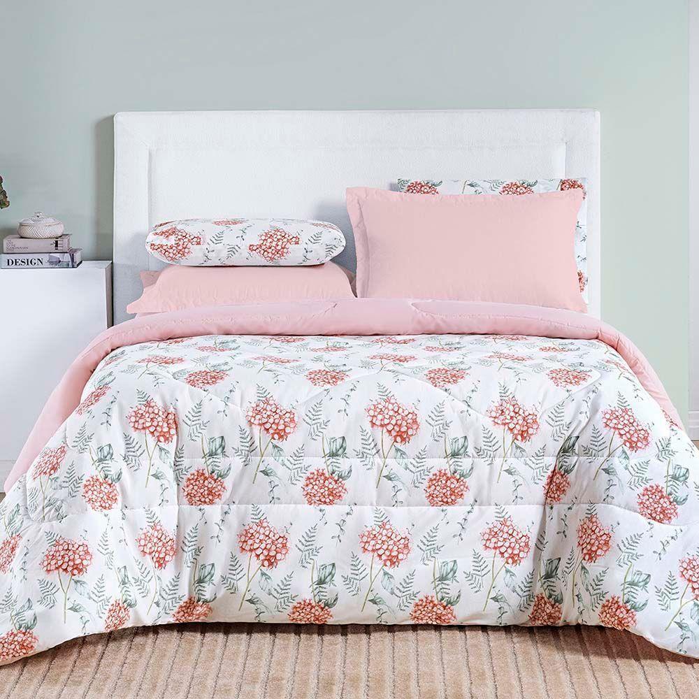 Edredom Maggy Dupla Face King 1 Peça Percale 200 Fios Estampado Hortencia Floral Rosa 80% Algodão - 20% Poliéster - 1