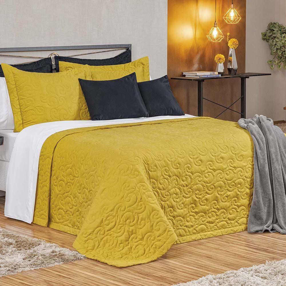Kit Cobre Leito Colcha Mabelle King 3 Peças 400 Fios Bordado Mostarda 100% Poliéster - 1