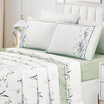Jogo De Lençol Summer King 4 Peças Micropercal 300 Fios Estampado Floral Verde Lavanda 100% Poliéster
