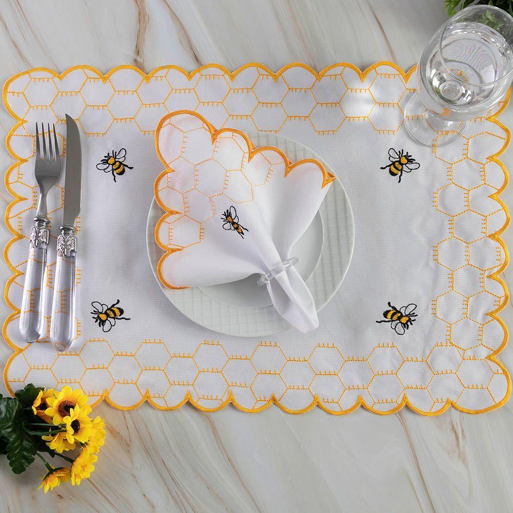 Kit 12 Jogos Americanos Guardanapos De Mesa Retangular Bordado Abelha Branco 100% Poliéster - 1