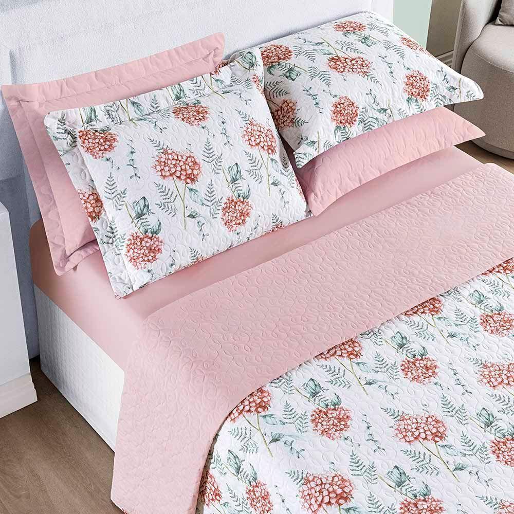 Kit Cobre Leito Colcha Maggy Casal 3 Peças Dupla Face Percale 200 Fios Hortencia Floral Rosa - 2