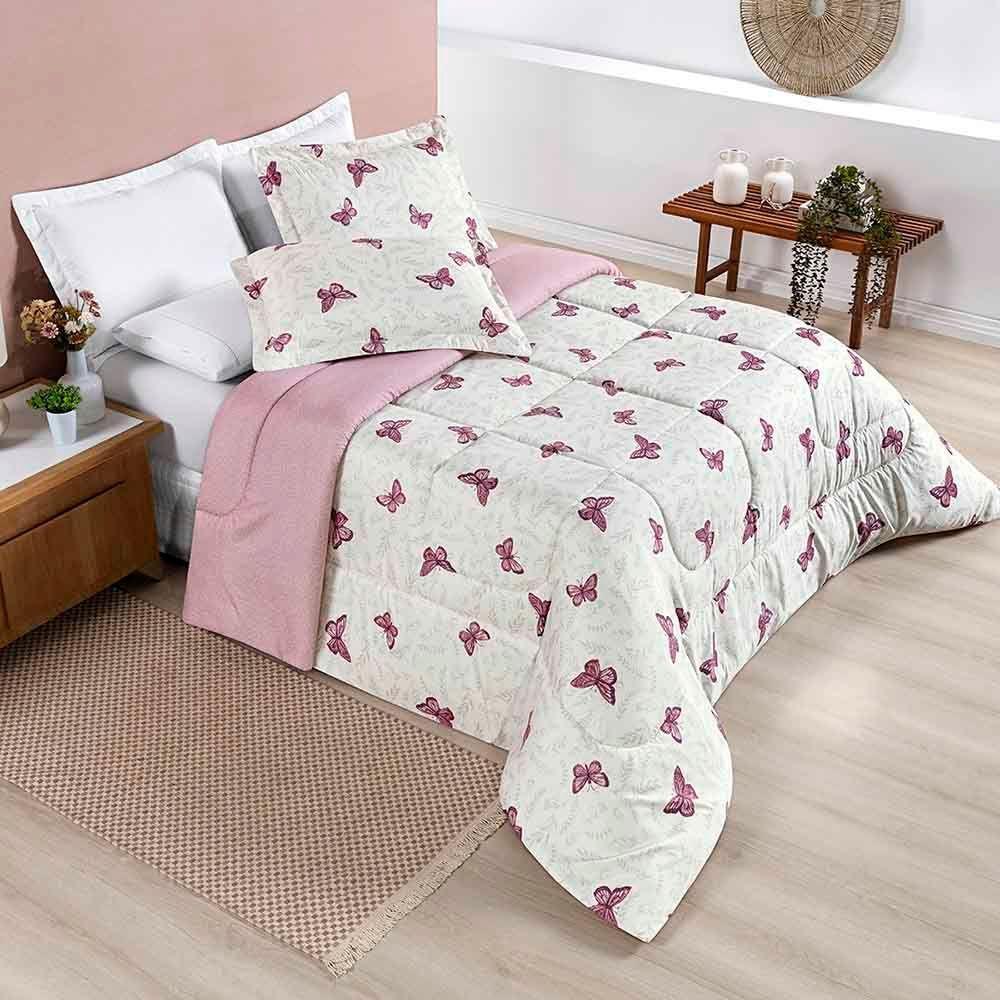 Edredom Júlia Casal Queen 03 Peças Tecido Dupla Face Microfibra 200 Fios Floral Borboleta 100% Poliéster - 2
