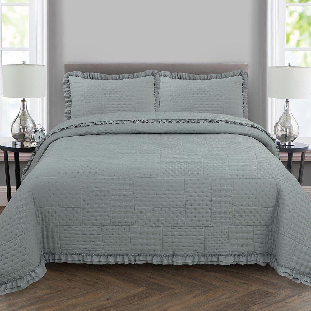 Kit Cobre Leito Colcha Allegra King 3 Peças Percal 300 Fios C- Babado Cinza 100% Poliéster - 1