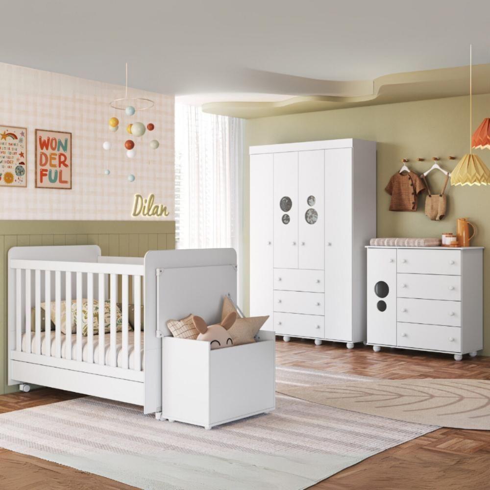 Quarto Infantil Completo Com Berço Americano 3 Em 1 Para Colchão 130x70cm Multimóveis Mp4345 Branco - 1