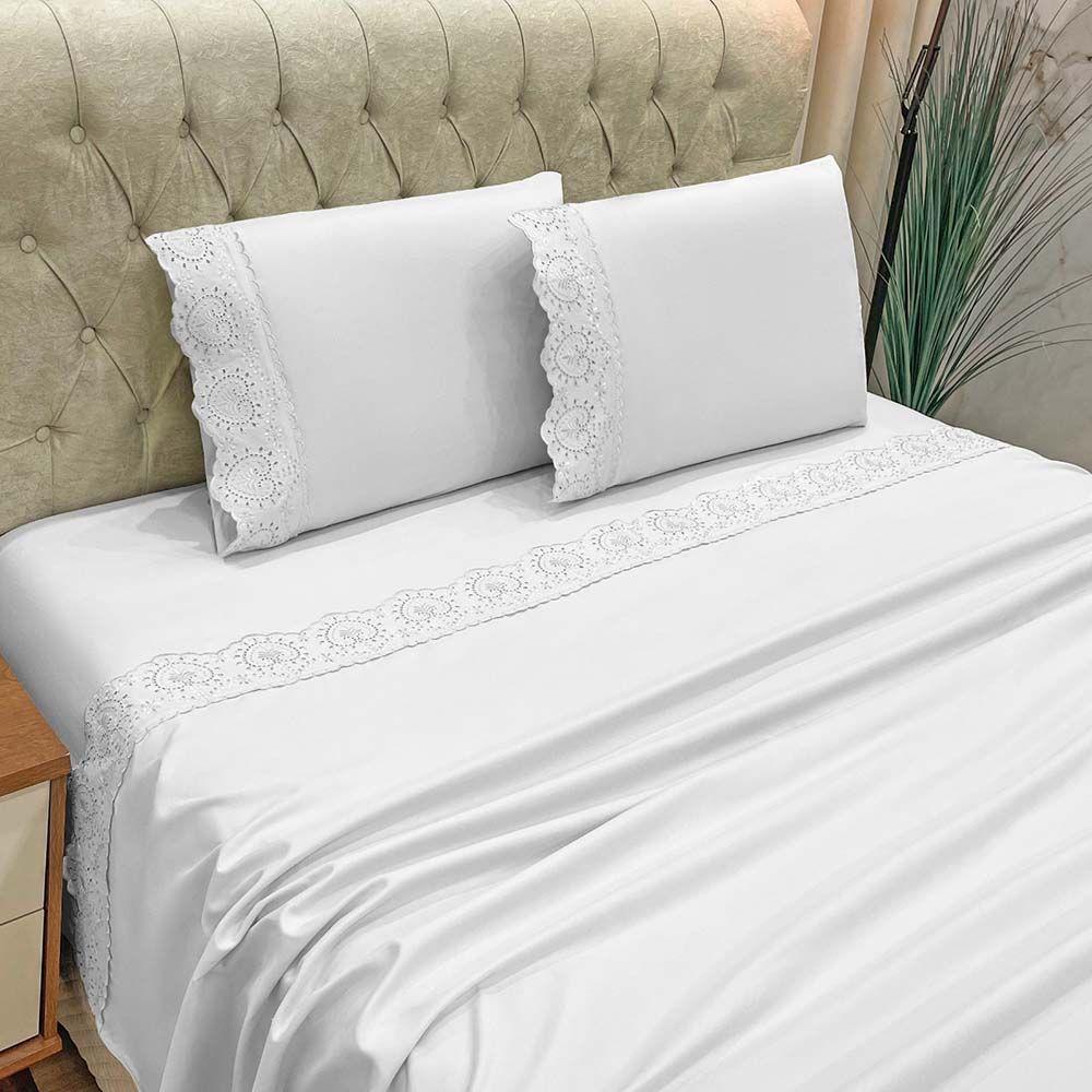 Jogo De Cama Lençol Bella Queen 4 Peças Micropercal 300 Fios Bordado Inglês Macio Branco 100% Poliéster - 1