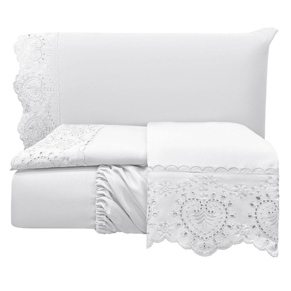 Jogo De Cama Lençol Bella Queen 4 Peças Micropercal 300 Fios Bordado Inglês Macio Branco 100% Poliéster - 3