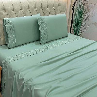 Jogo De Cama Lençol Bella Queen 4 Peças Micropercal 300 Fios Bordado Inglês Macio Verde 100% Poliéster