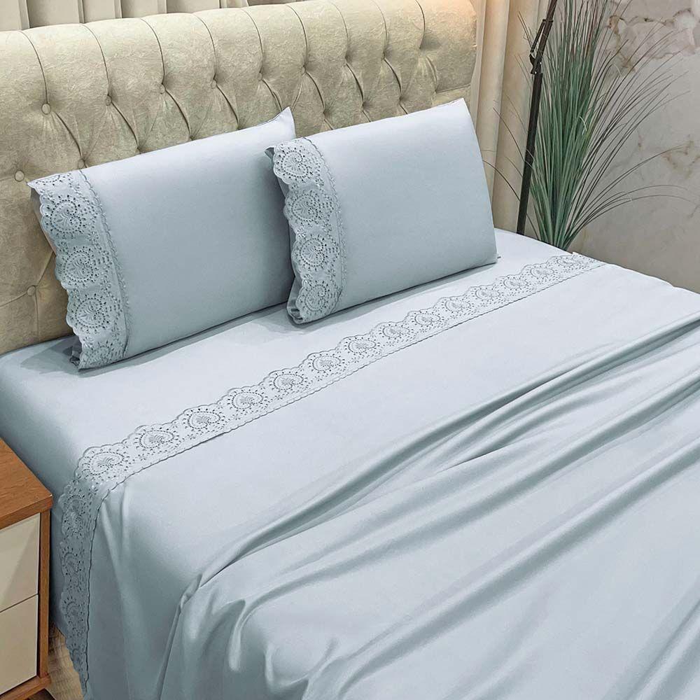 Jogo De Cama Lençol Bella Queen 4 Peças Micropercal 300 Fios Bordado Inglês Macio Cinza 100% Poliéster - 1