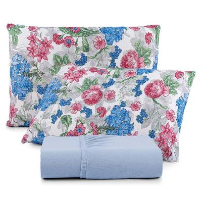 Jogo De Lençol Luar Casal 3 Peças Malha 100% Algodão Estampado Azul Floral