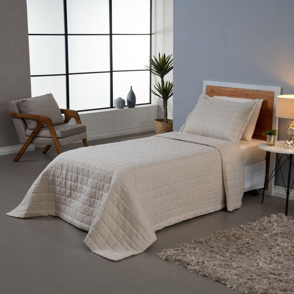 Kit Cobre Leito Colcha Dual Solteiro 2 Peças Matelado Dupla Face Liso Areia 100% Poliéster - 1