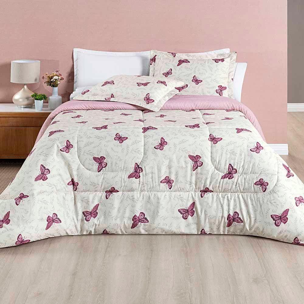 Edredom Júlia Casal King 03 Peças Tecido Dupla Face Microfibra 200 Fios Floral Borboleta 100% Poliéster - 1