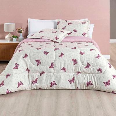 Edredom Júlia Casal King 03 Peças Tecido Dupla Face Microfibra 200 Fios Floral Borboleta 100% Poliéster