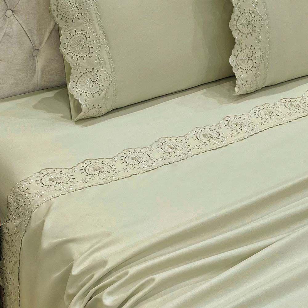 Jogo De Cama Lençol Bella Casal 4 Peças Micropercal 300 Fios Bordado Inglês Macio Bege 100% Poliéster - 2