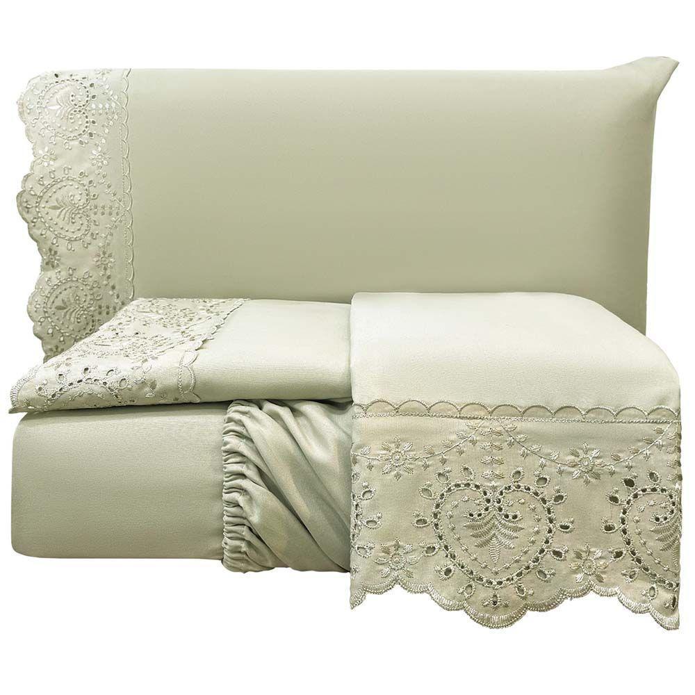 Jogo De Cama Lençol Bella Casal 4 Peças Micropercal 300 Fios Bordado Inglês Macio Bege 100% Poliéster - 3