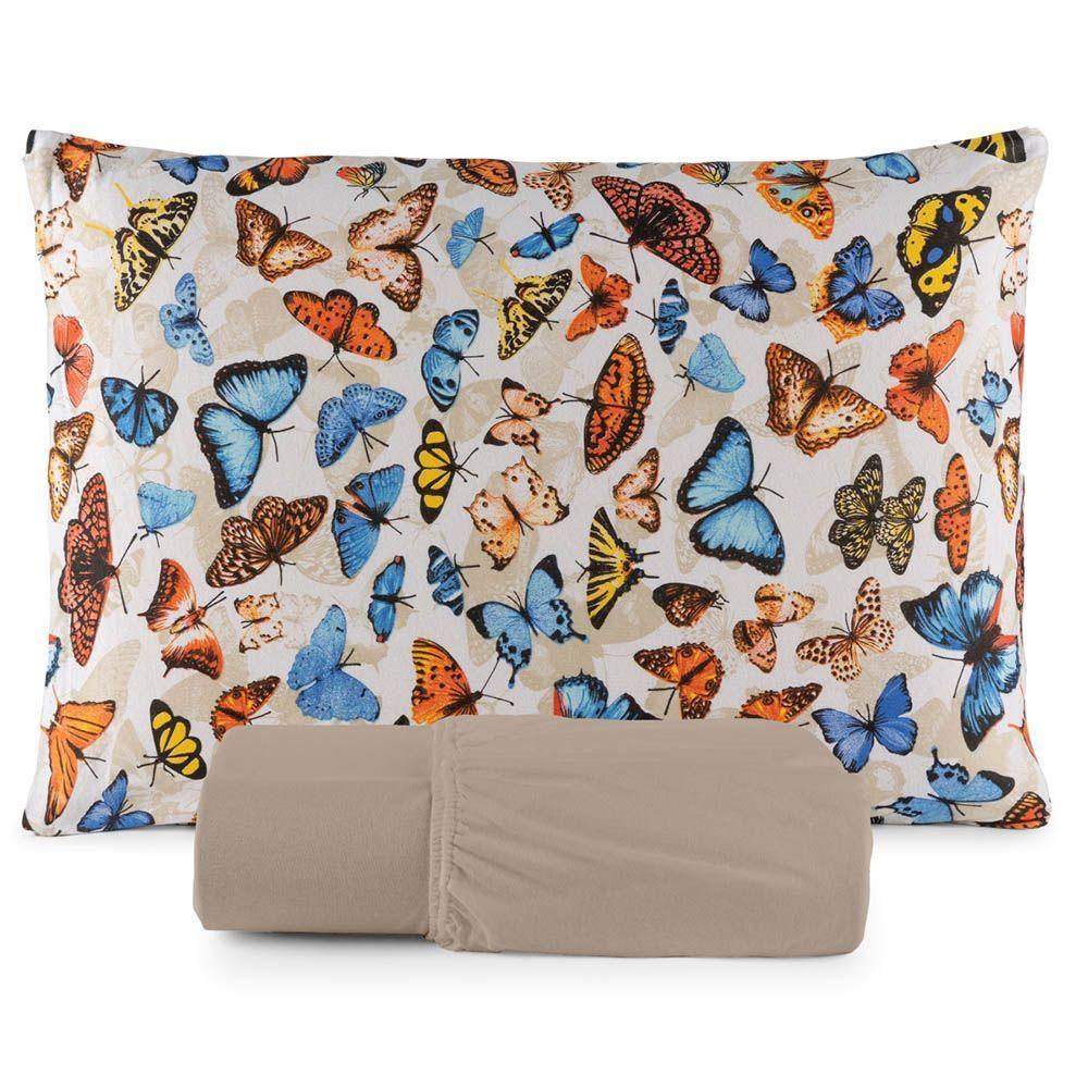 Jogo De Lençol Luar Solteiro 2 Peças Malha 100% Algodão Estampado Bege Borboleta - 1