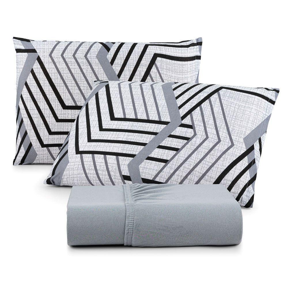 Jogo De Lençol Luar Casal 3 Peças Malha 100% Algodão Estampado Cinza Geométrico - 1