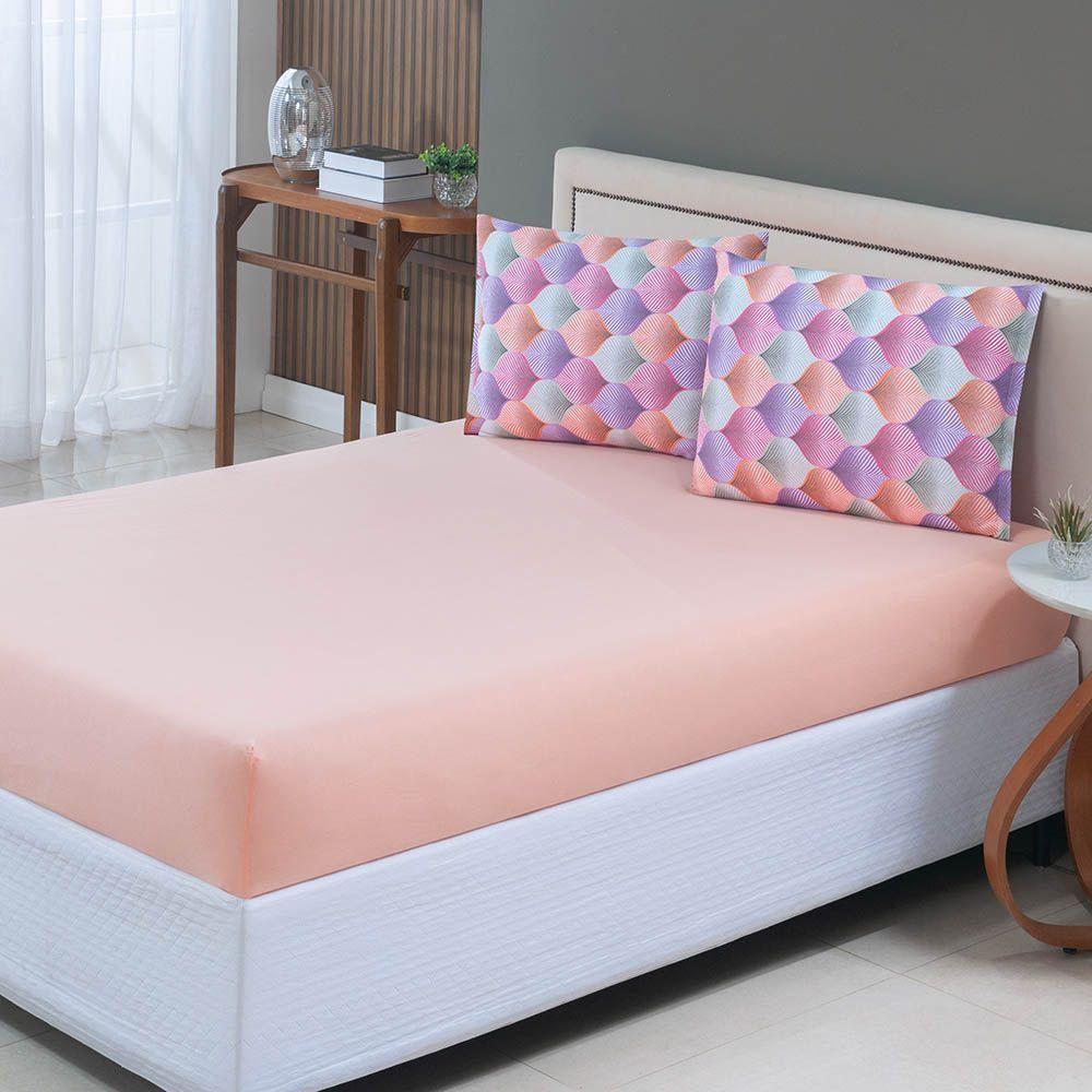 Jogo De Lençol Luar Queen 3 Peças Malha 100% Algodão Estampado Salmão Geométrico - 4