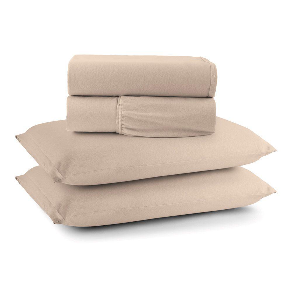 Jogo De Lençol Minimal Queen 4 Peças Malha 100% Algodão Liso Bege - 1