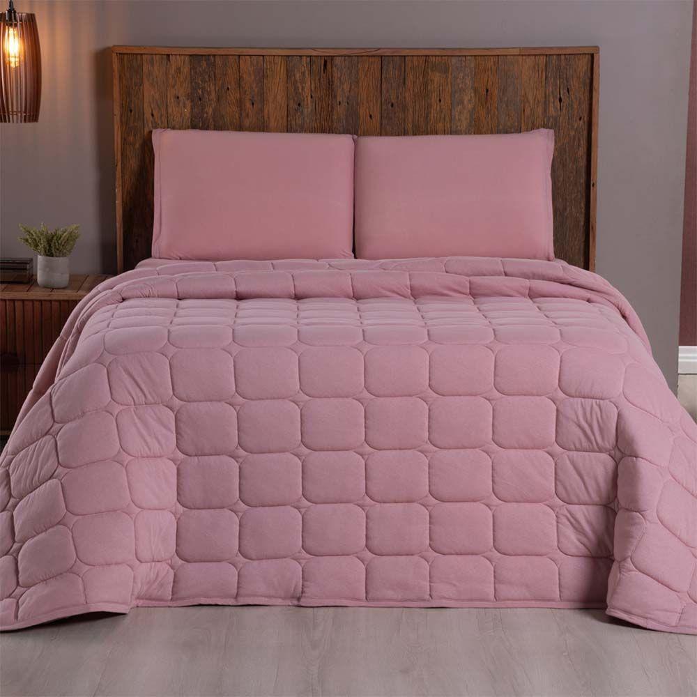 Kit Cobre Leito Colcha Minimal Queen 3 Peças Malha 100% Algodão Rose - 1