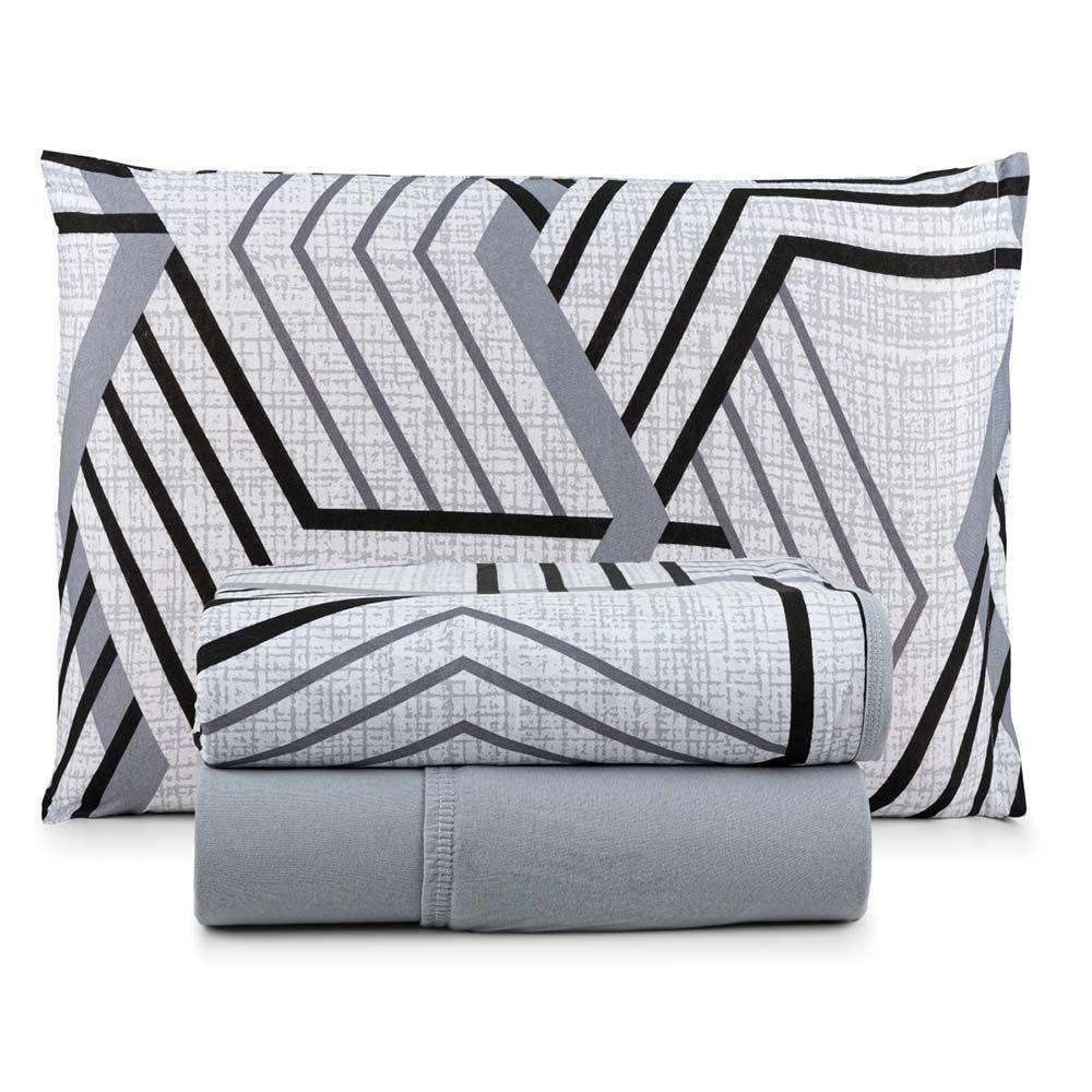 Jogo De Lençol Luar Solteiro 3 Peças Malha 100% Algodão Estampado Cinza Geométrico - 1