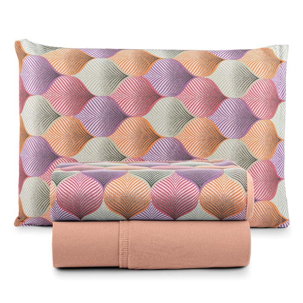 Jogo De Lençol Luar Solteiro 3 Peças Malha 100% Algodão Estampado Salmão Geométrico - 1