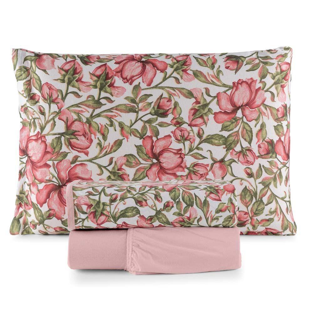 Jogo De Lençol Luar Solteiro 3 Peças Malha 100% Algodão Estampado Rose Floral - 1