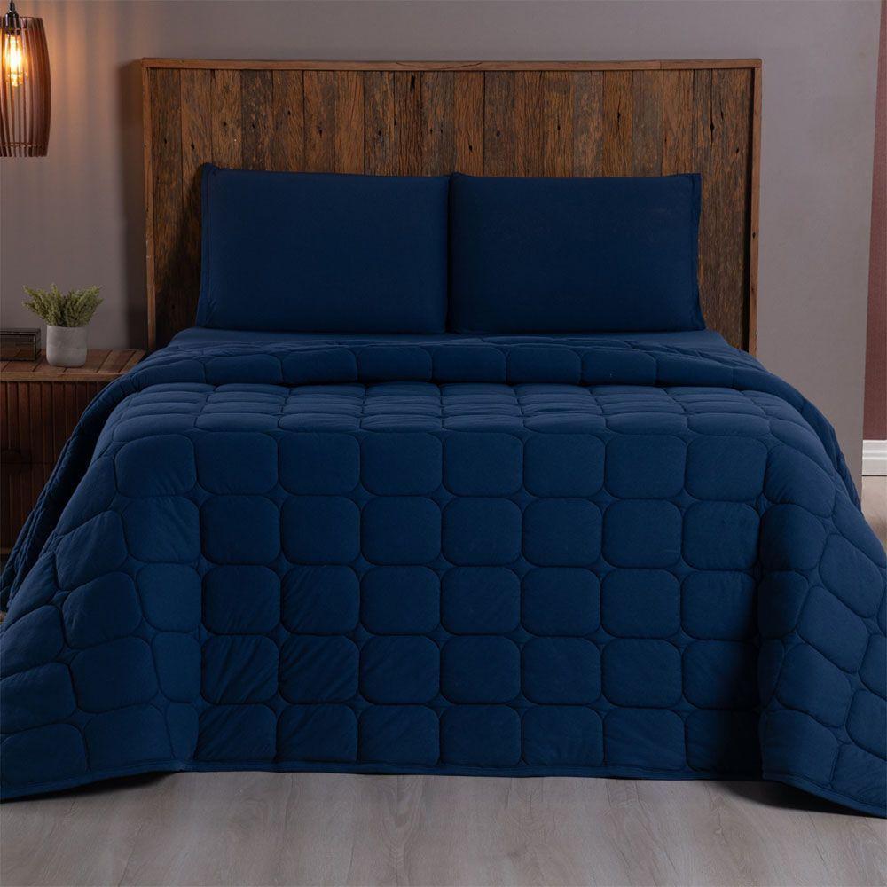 Kit Cobre Leito Colcha Minimal Casal 3 Peças Malha 100% Algodão Azul Marinho - 1