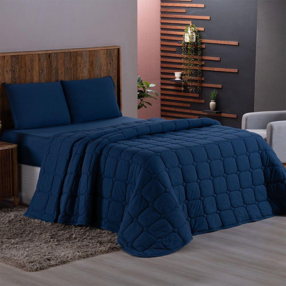 Kit Cobre Leito Colcha Minimal Casal 3 Peças Malha 100% Algodão Azul Marinho - 3