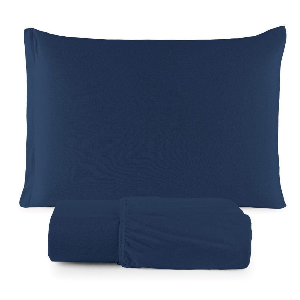 Jogo De Lençol Minimal Solteiro 2 Peças Malha 100% Algodão Liso Azul Marinho - 1