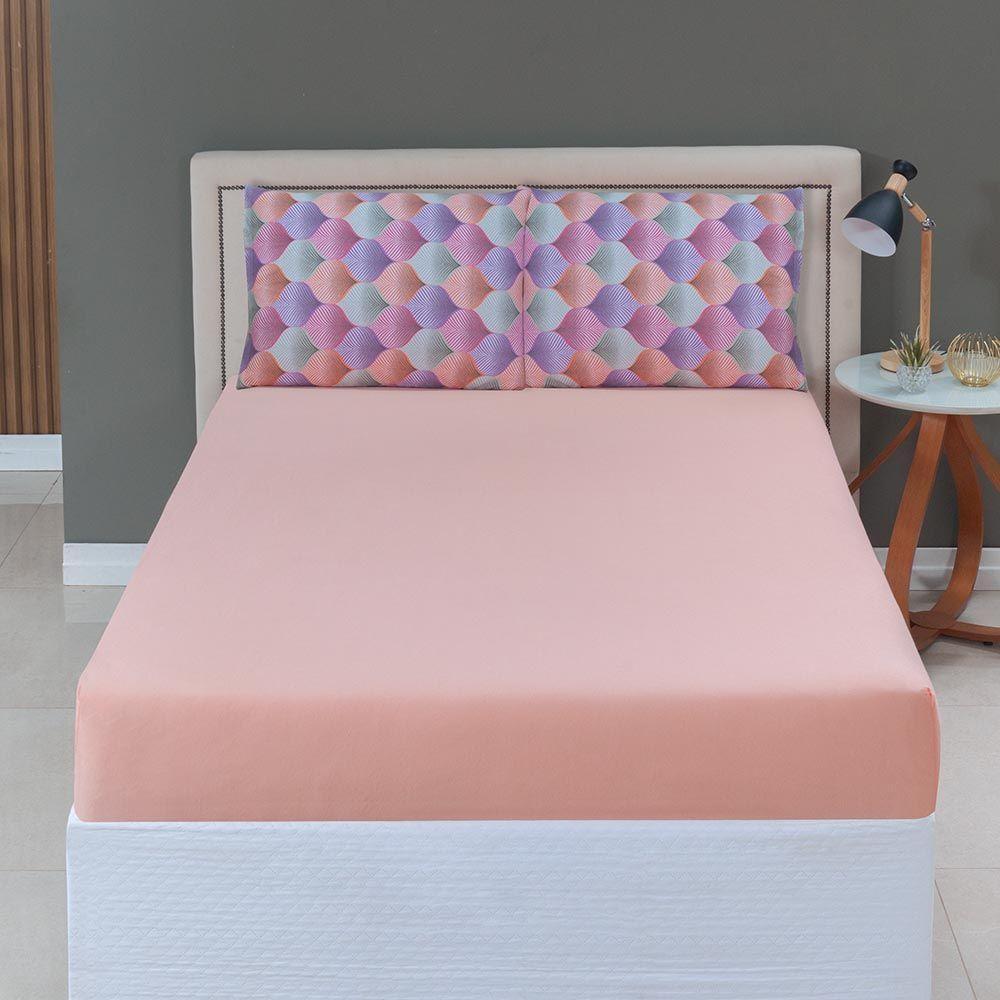 Jogo De Lençol Luar King 3 Peças Malha 100% Algodão Estampado Salmão Geométrico - 2