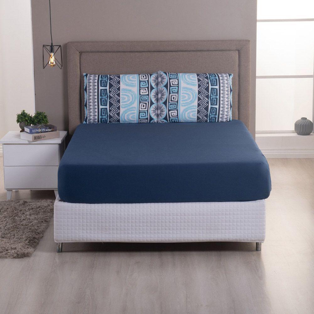 Jogo De Lençol Luar Casal 3 Peças Malha 100% Algodão Estampado Azul Marinho Geométrico - 3