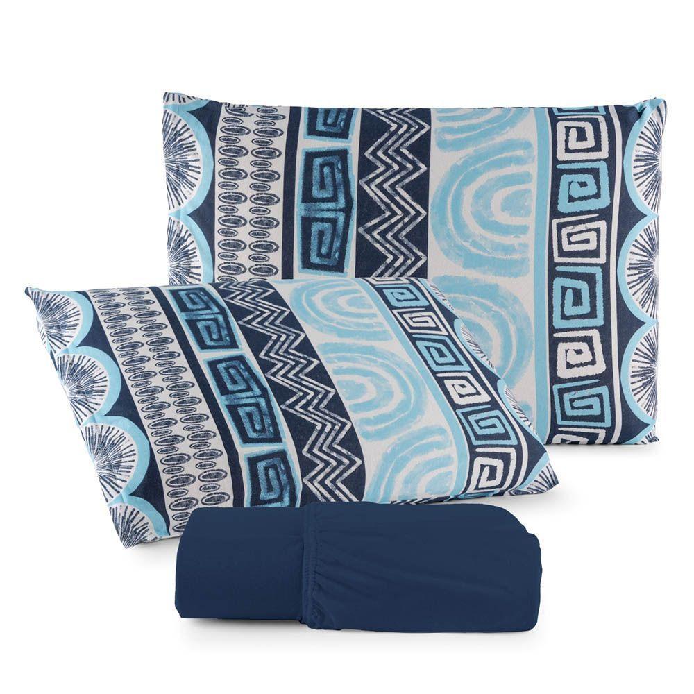 Jogo De Lençol Luar King 3 Peças Malha 100% Algodão Estampado Azul Marinho Geométrico - 1