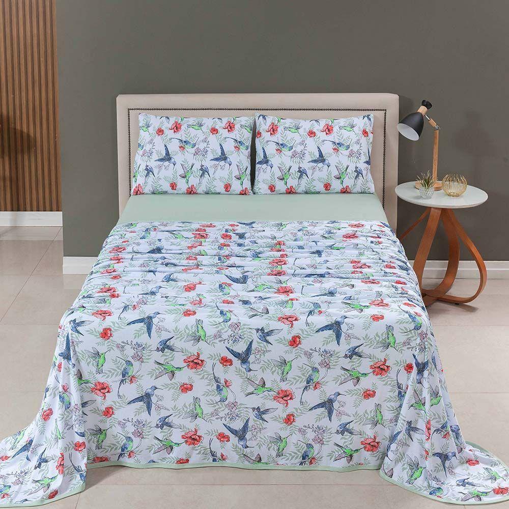 Jogo De Lençol Luar King 4 Peças Malha 100% Algodão Estampado Verde Birds - 2