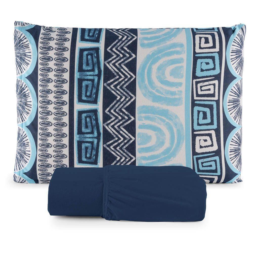 Jogo De Lençol Luar Solteiro 2 Peças Malha 100% Algodão Estampado Azul Marinho Geométrico - 1